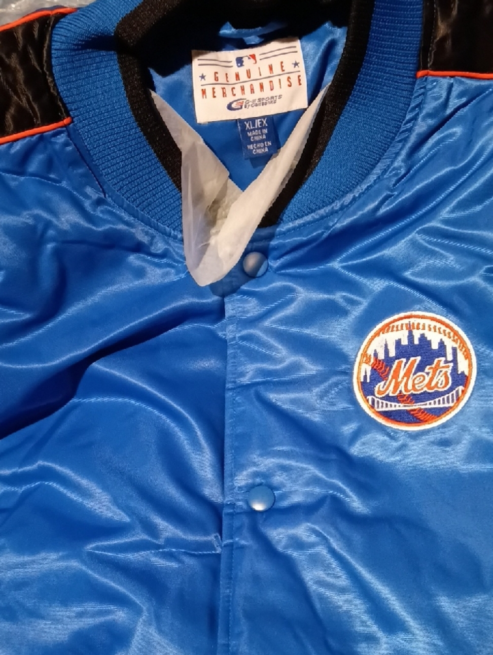 Genuine Merchandise Blue Satin Mets Bomber Jacket with Orange Trim, New